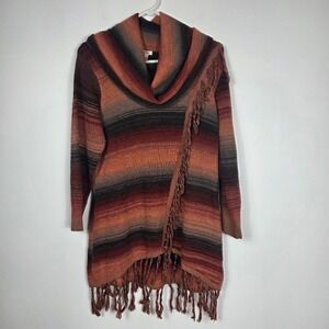 Reba Striped Cowl Neck Fringe Cardigan Sweater‎ Women's Size M Orange Red Black